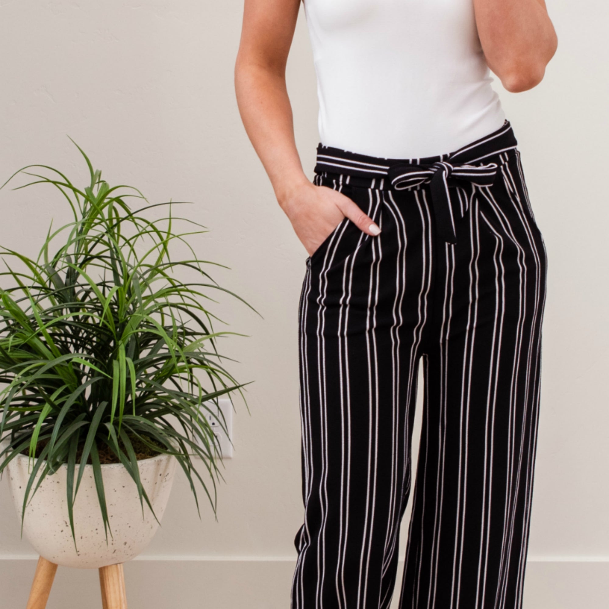 A stylish pair of Tie Waist Dress Pants featuring a comfortable elastic waistband and adjustable tie waist, perfect for professional settings.