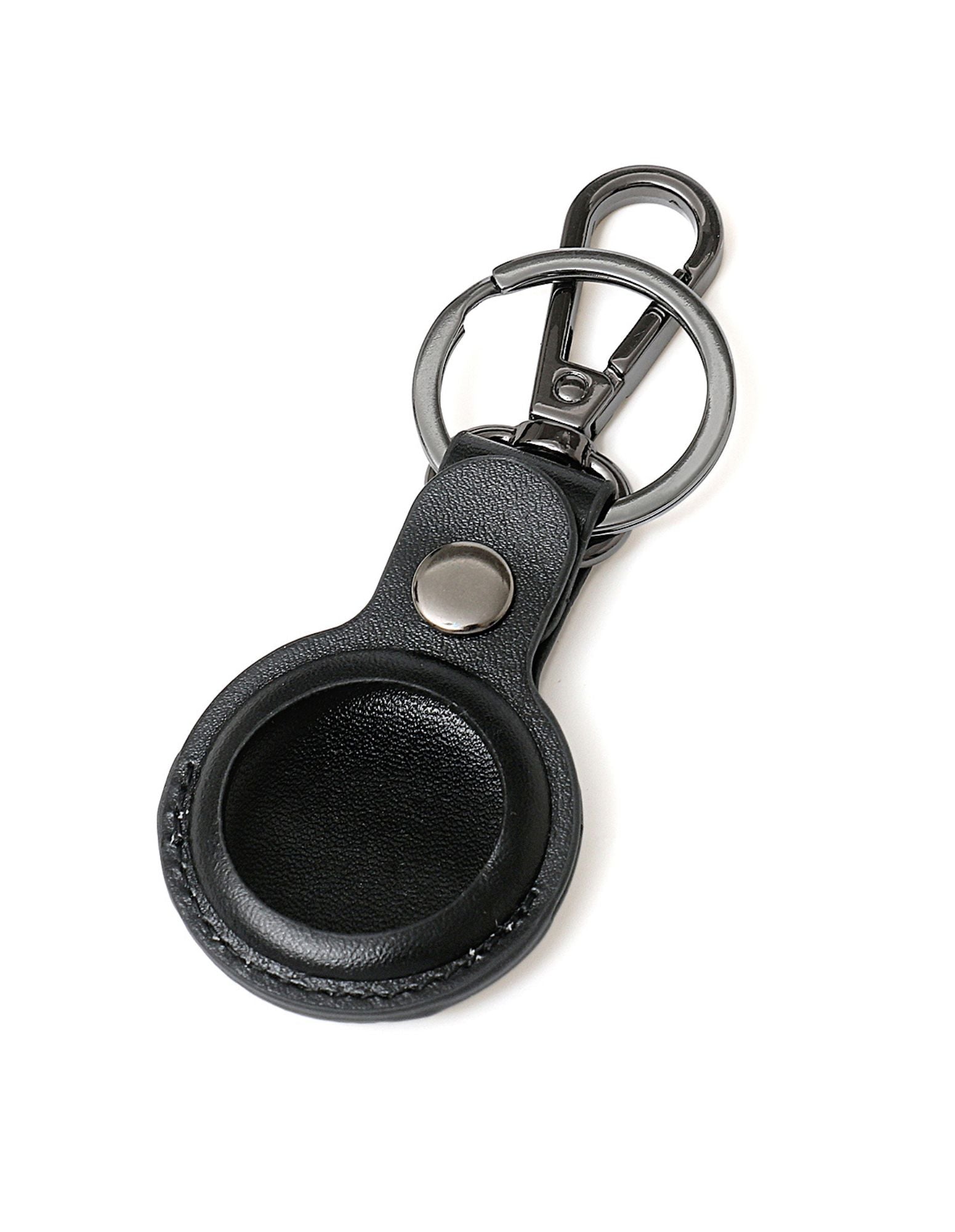 TILBA Airtag Keyring X 2 in Black, made from premium vegan leather with stainless steel accents, elegantly packaged in a gift box.