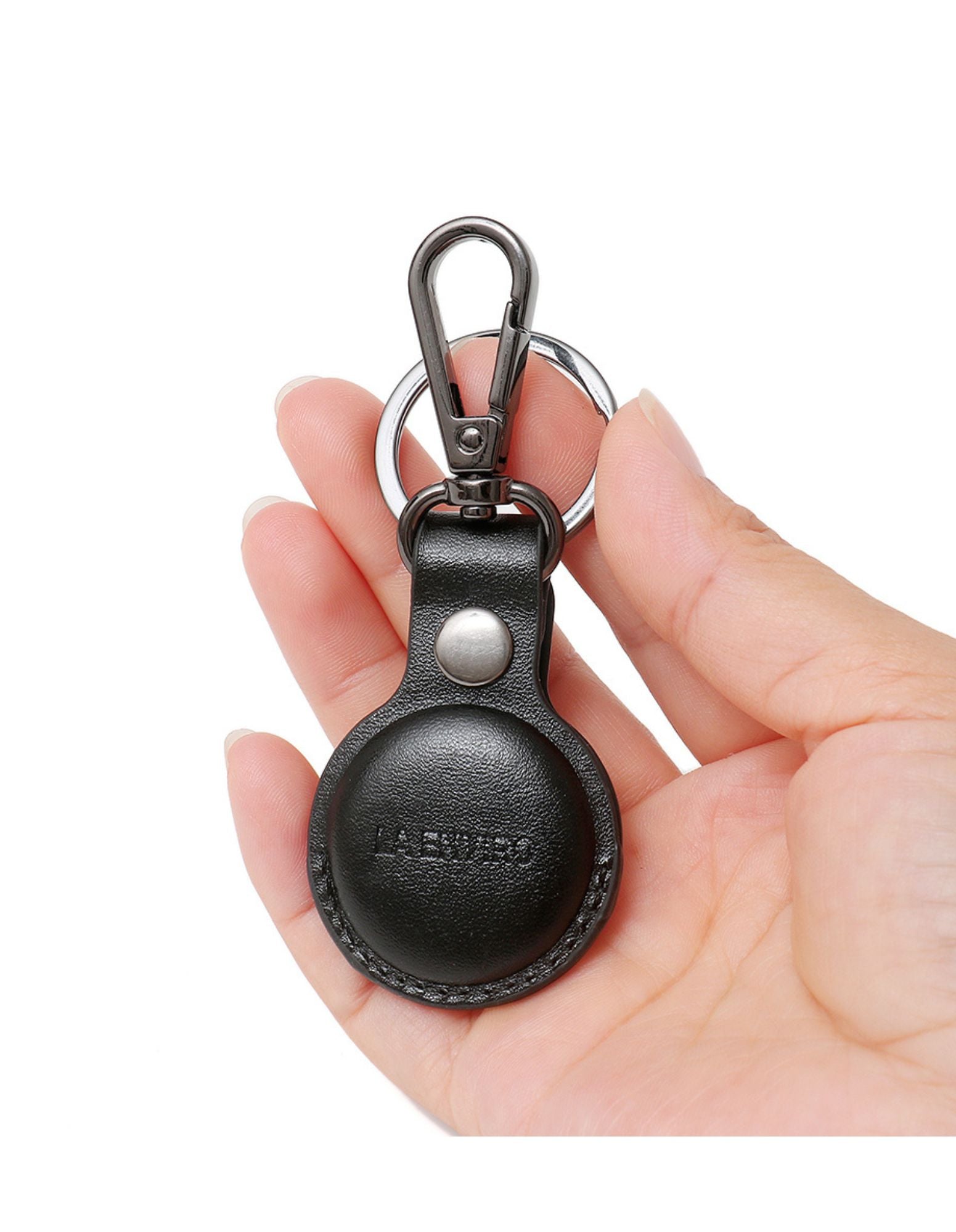 TILBA Airtag Keyring X 2 in Black, made from premium vegan leather with stainless steel accents, elegantly packaged in a gift box.