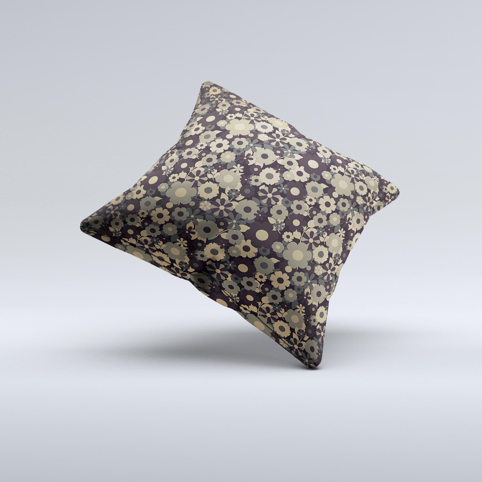 A decorative throw pillow featuring tiny gold floral sprockets on a soft fabric, showcasing its unique handmade quality.