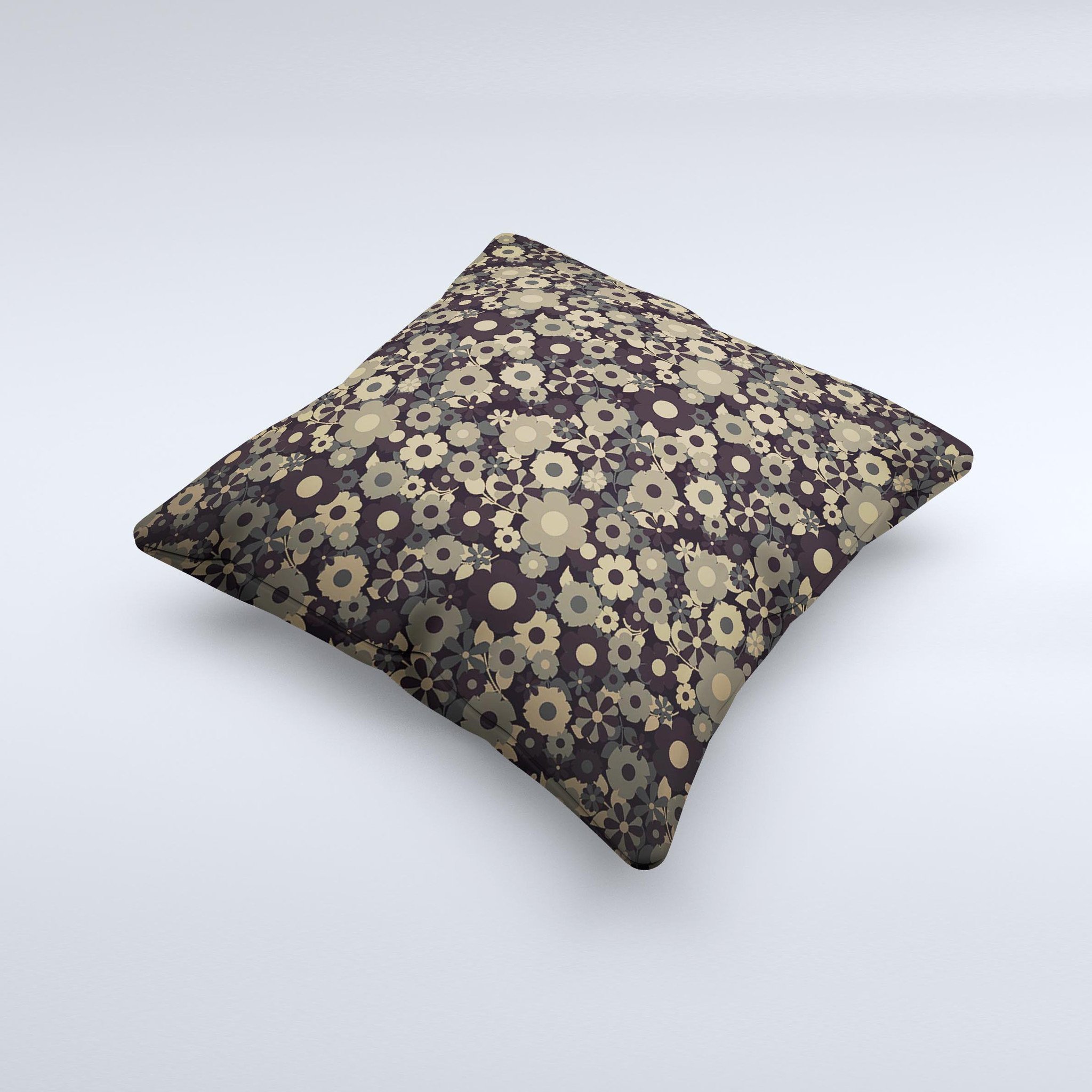 A decorative throw pillow featuring tiny gold floral sprockets on a soft fabric, showcasing its unique handmade quality.