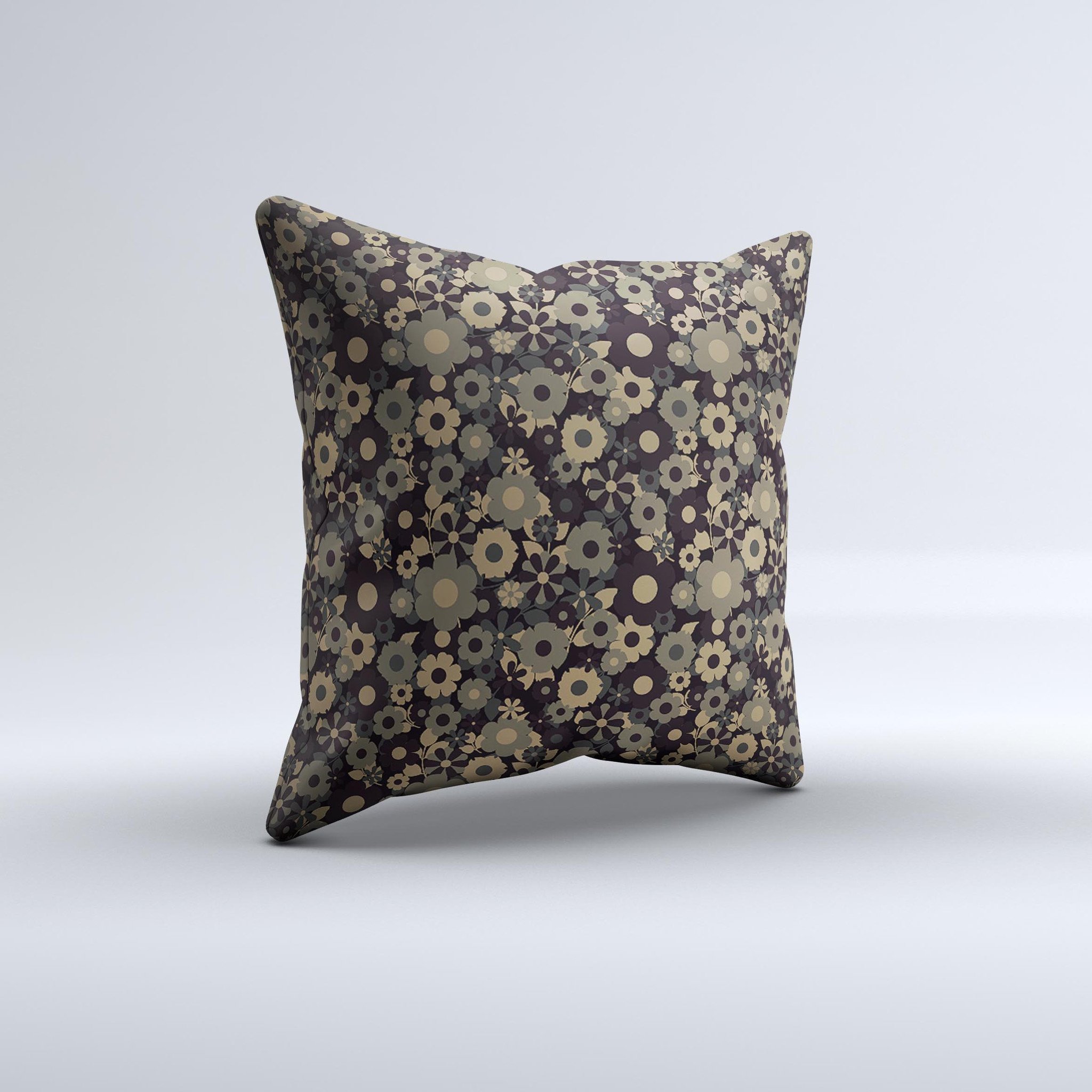 A decorative throw pillow featuring tiny gold floral sprockets on a soft fabric, showcasing its unique handmade quality.