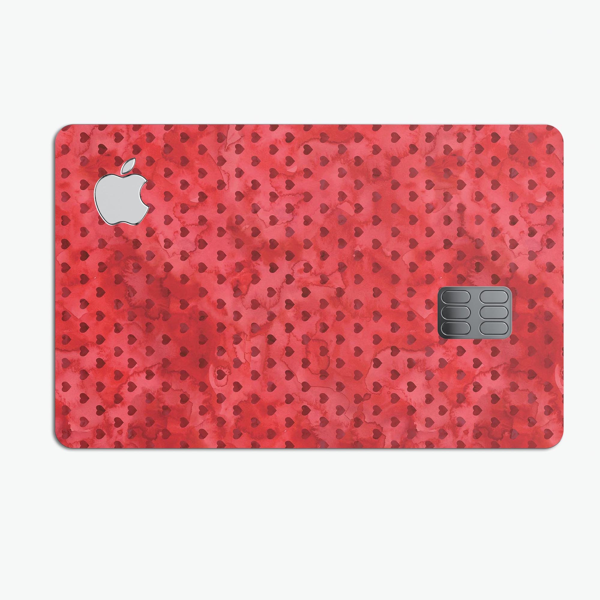 Tiny Red Watercolor Hearts decal skin for Apple Card, showcasing vibrant heart designs on a protective vinyl layer.