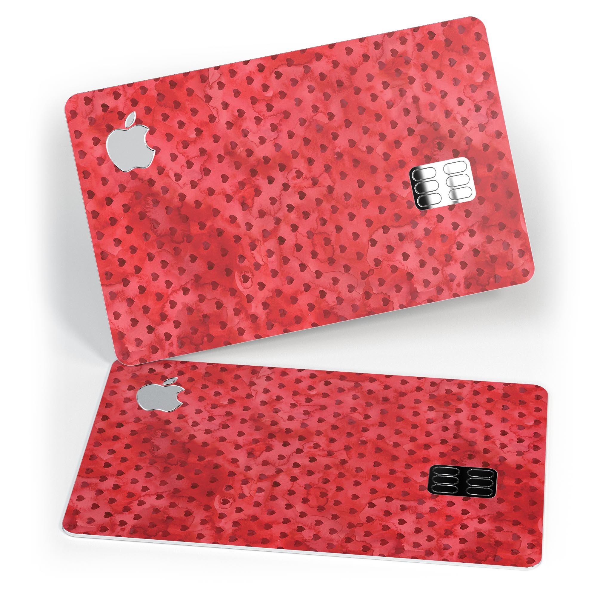 Tiny Red Watercolor Hearts decal skin for Apple Card, showcasing vibrant heart designs on a protective vinyl layer.