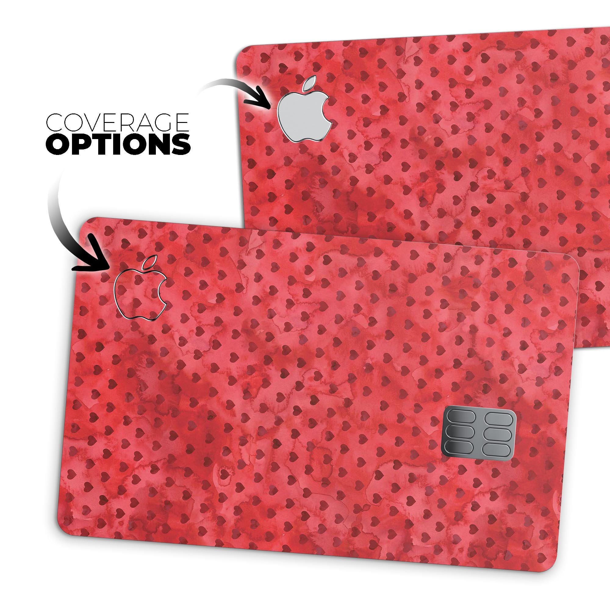 Tiny Red Watercolor Hearts decal skin for Apple Card, showcasing vibrant heart designs on a protective vinyl layer.