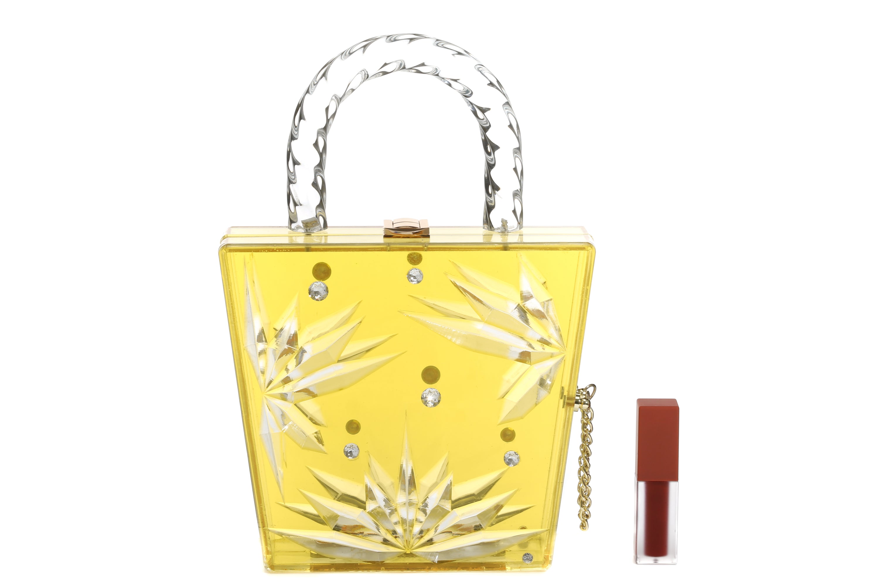 Top Handle Amber Hock Cut to clear Lucite Acrylic Handbag with twisted round handles and goldplate latches, showcasing a crystal-like design.