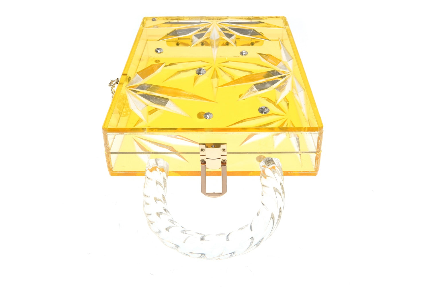 Top Handle Amber Hock Cut to clear Lucite Acrylic Handbag with twisted round handles and goldplate latches, showcasing a crystal-like design.