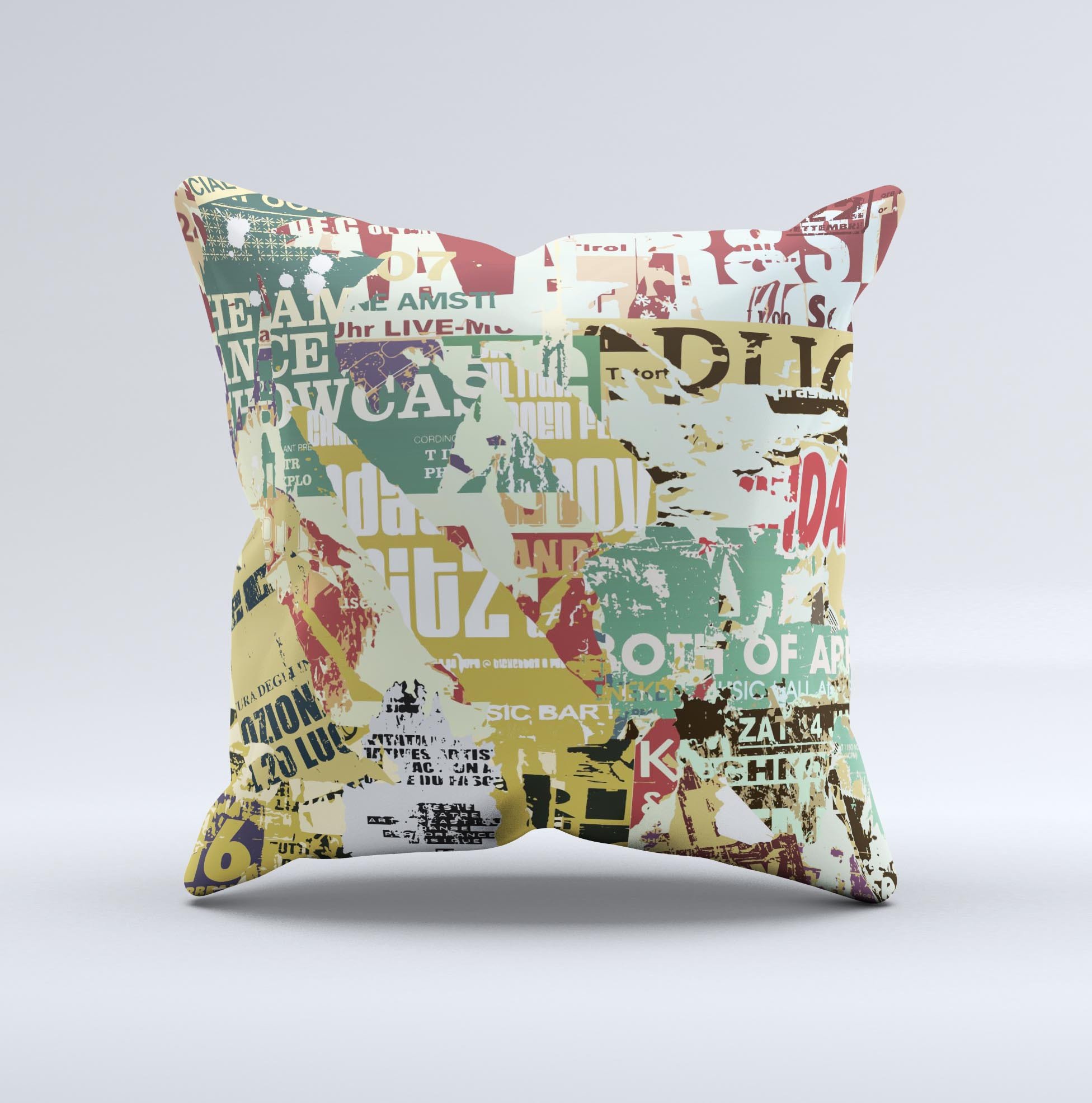 Torn Magazine Collage ink-Fuzed Decorative Throw Pillow showcasing vibrant colors and unique design, handcrafted in Virginia.