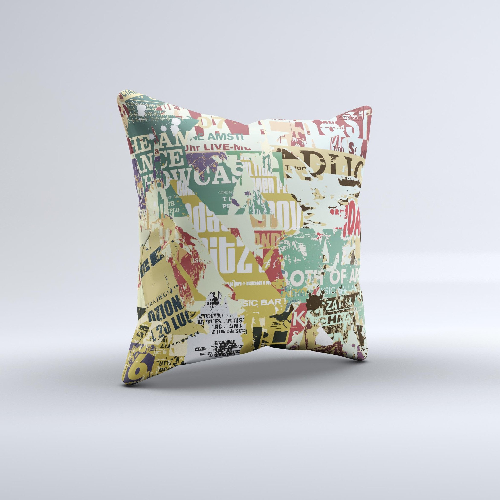 Torn Magazine Collage ink-Fuzed Decorative Throw Pillow showcasing vibrant colors and unique design, handcrafted in Virginia.