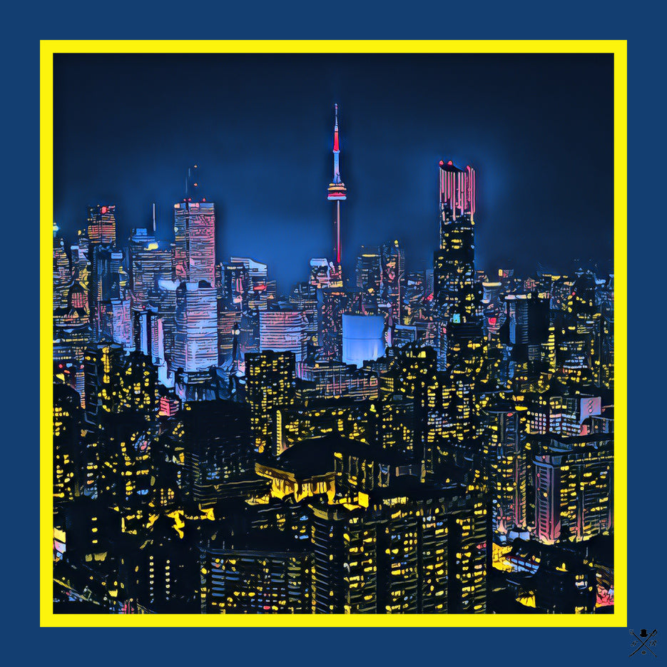 Toronto Skyline Pocket Square featuring deep midnight blue shades and city light designs, perfect for formal and casual wear.