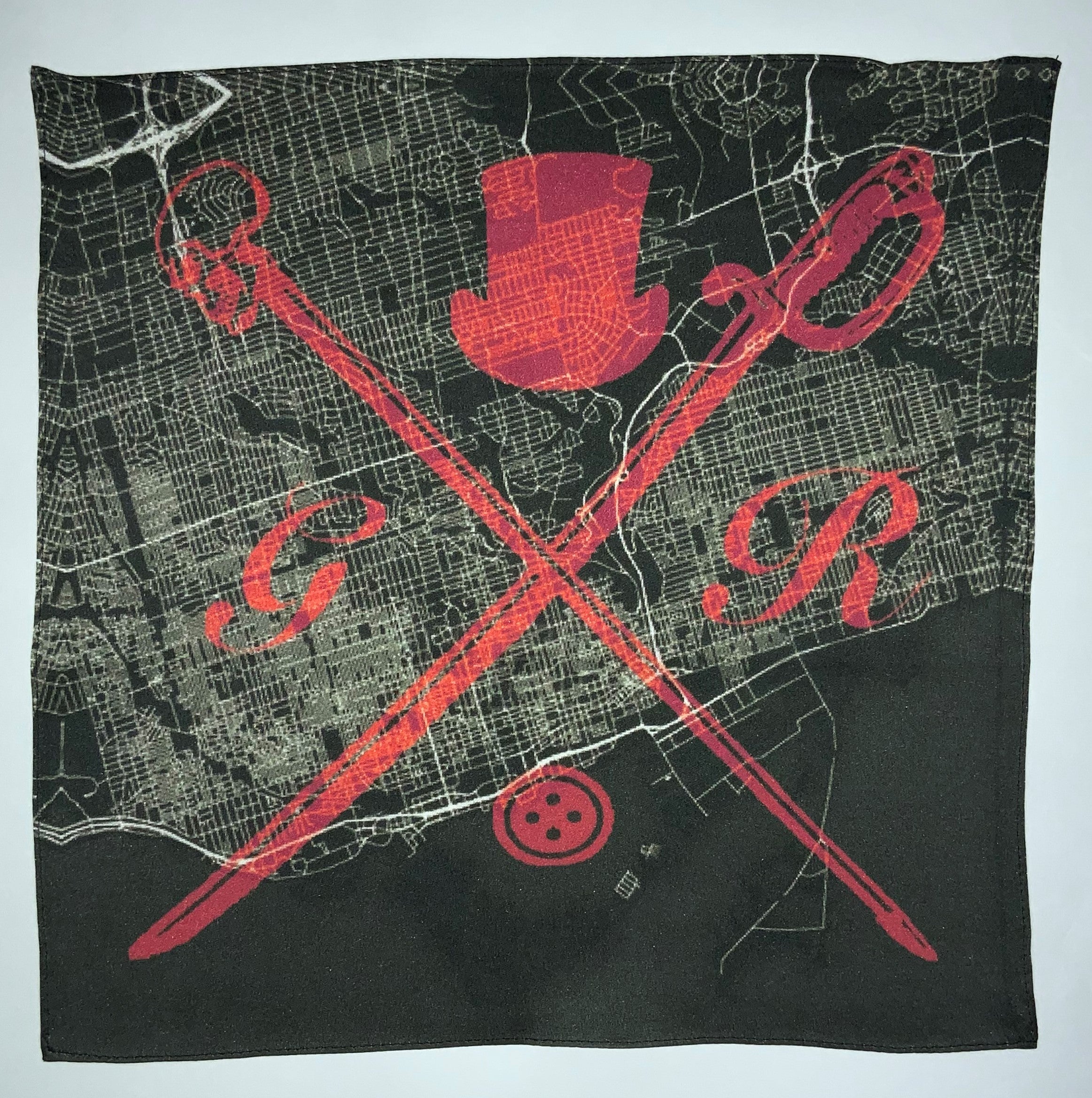 Toronto Street Map Bold Red Pocket Square featuring a detailed map design and Gentleman Rogue logo, made from luxurious silk.