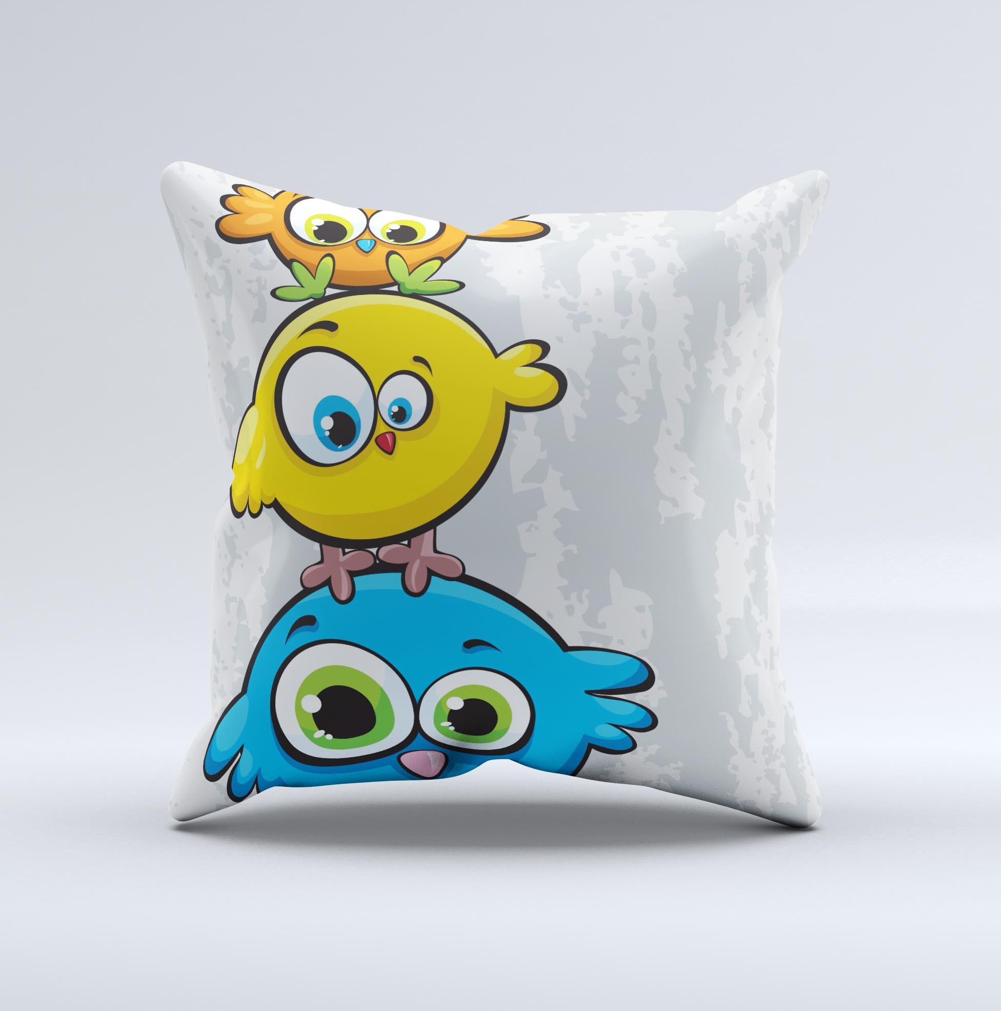 A colorful decorative throw pillow featuring highlighted cartoon birds, handcrafted in Virginia with a unique design.