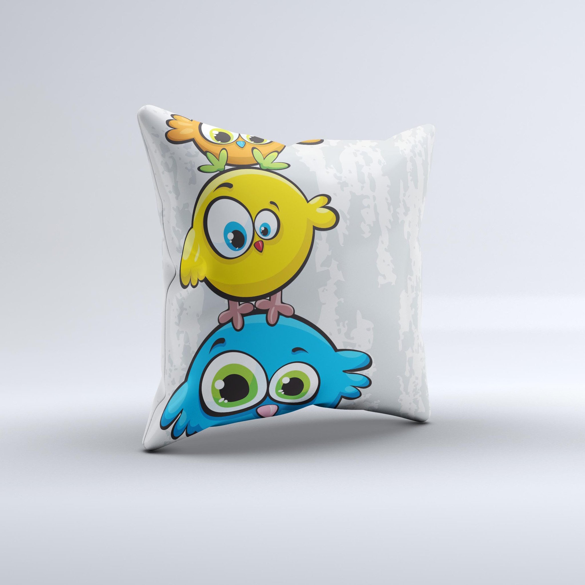 A colorful decorative throw pillow featuring highlighted cartoon birds, handcrafted in Virginia with a unique design.