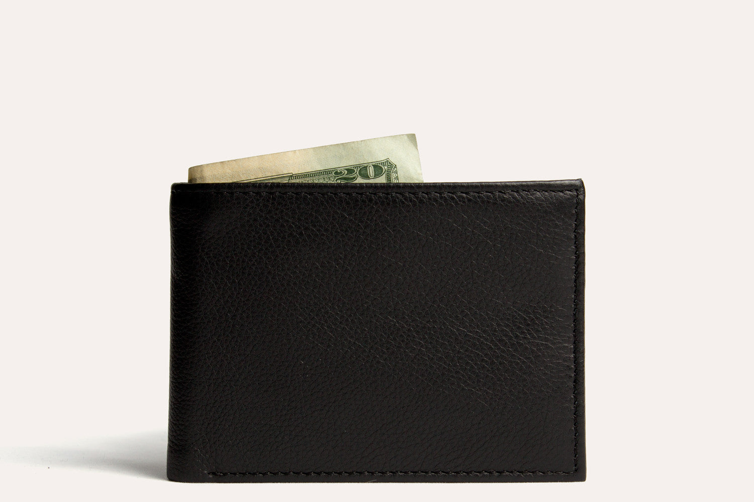 Traditional Bifold Wallet made of glove tanned cowhide leather with removable ID window and multiple card slots.