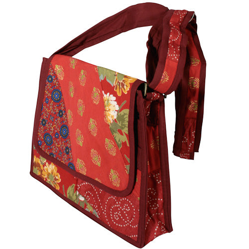 Trapezoid Patchwork Shoulder Bag with adjustable strap and multiple pockets, handmade by youth artisans in India.