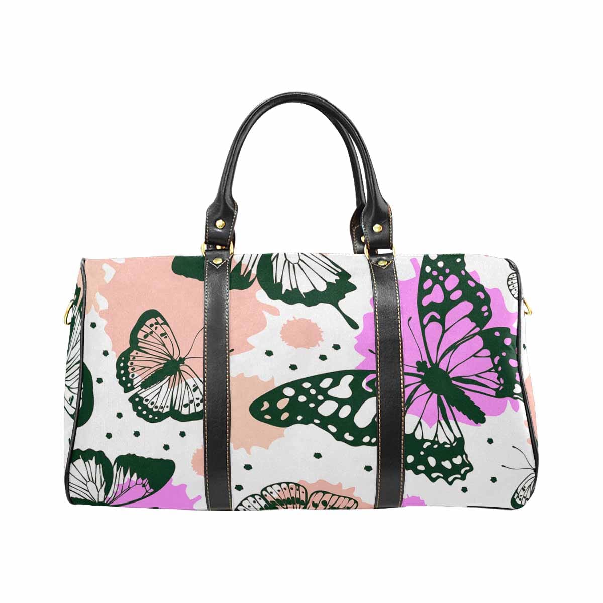 Travel Bag featuring a vibrant Green Butterflies design, made from durable waterproof fabric, ideal for stylish travel.