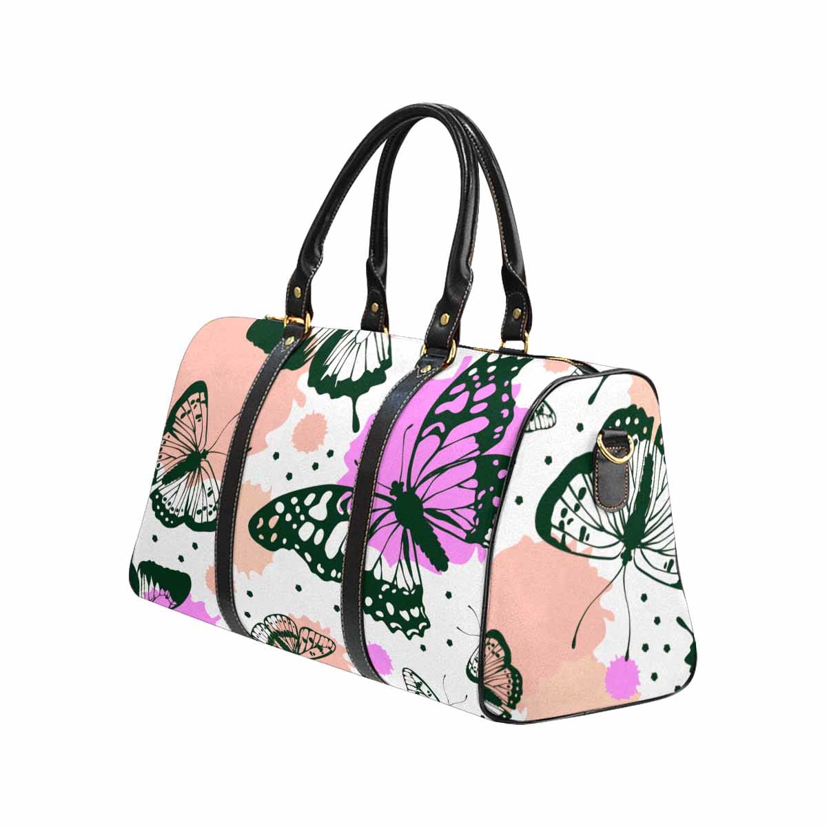 Travel Bag featuring a vibrant Green Butterflies design, made from durable waterproof fabric, ideal for stylish travel.