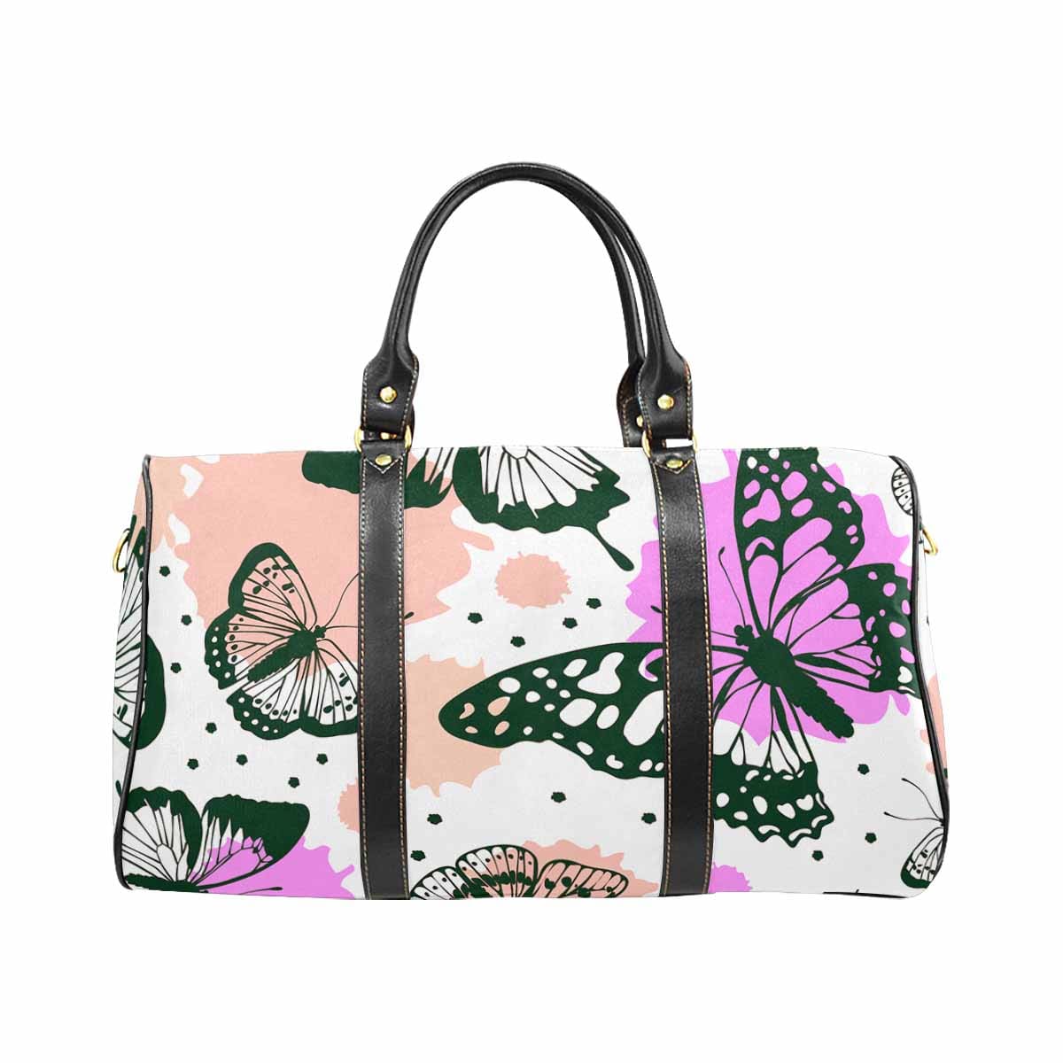 Travel Bag featuring a vibrant Green Butterflies design, made from durable waterproof fabric, ideal for stylish travel.