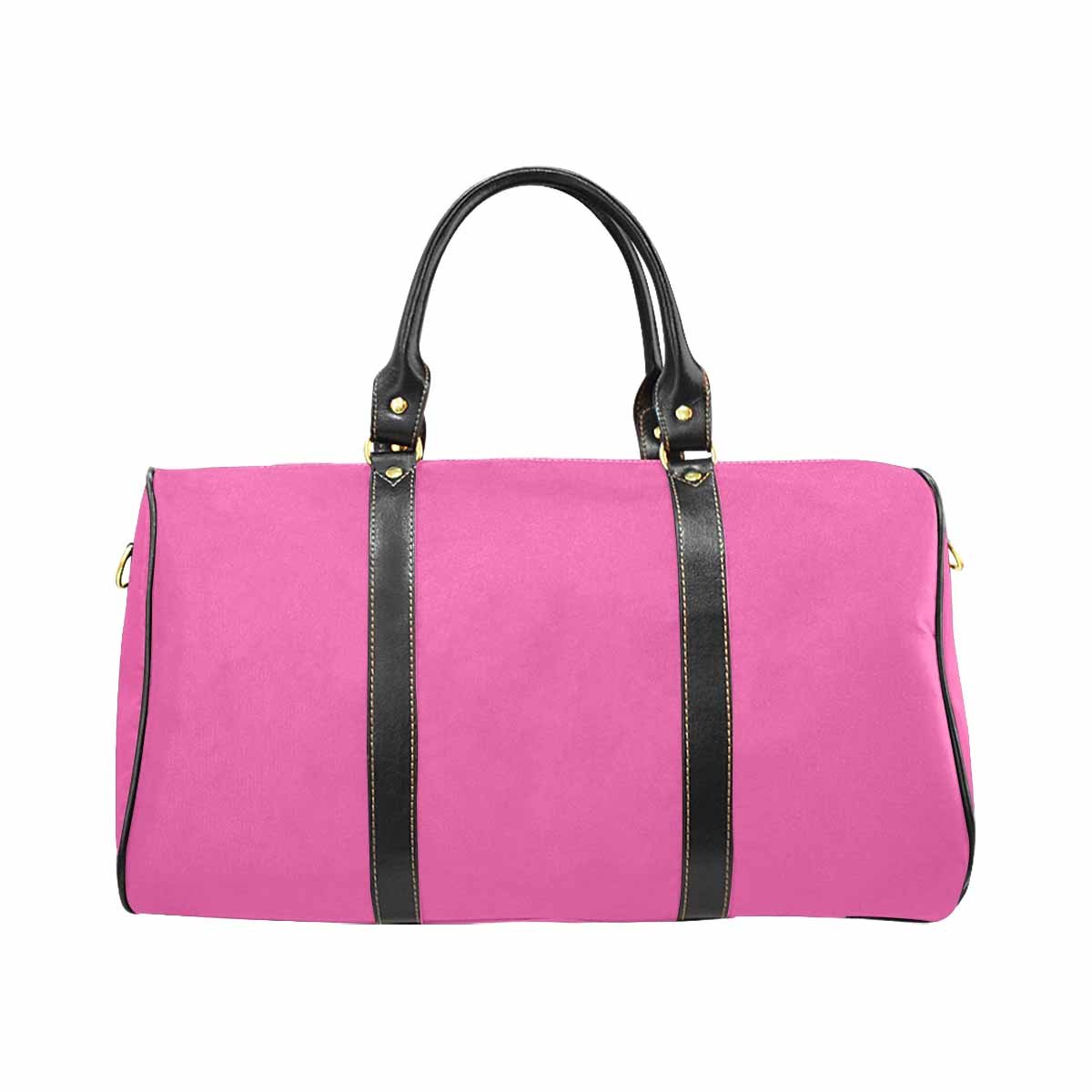 Hot pink leather travel bag with spacious design and durable features.