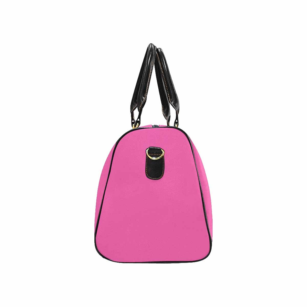 Hot pink leather travel bag with spacious design and durable features.