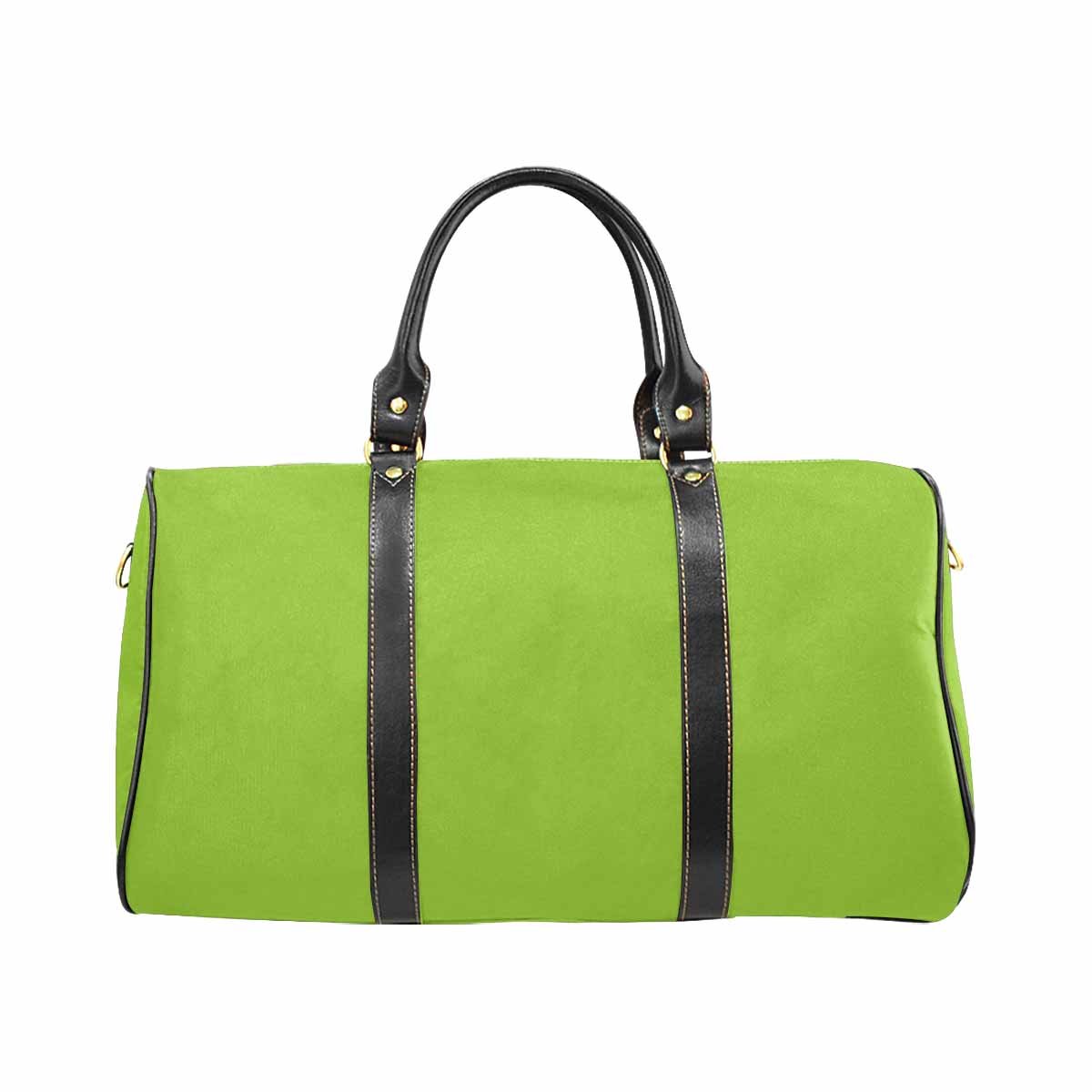 Large yellow green leather travel bag with waterproof fabric, featuring a spacious main compartment and comfortable shoulder strap.