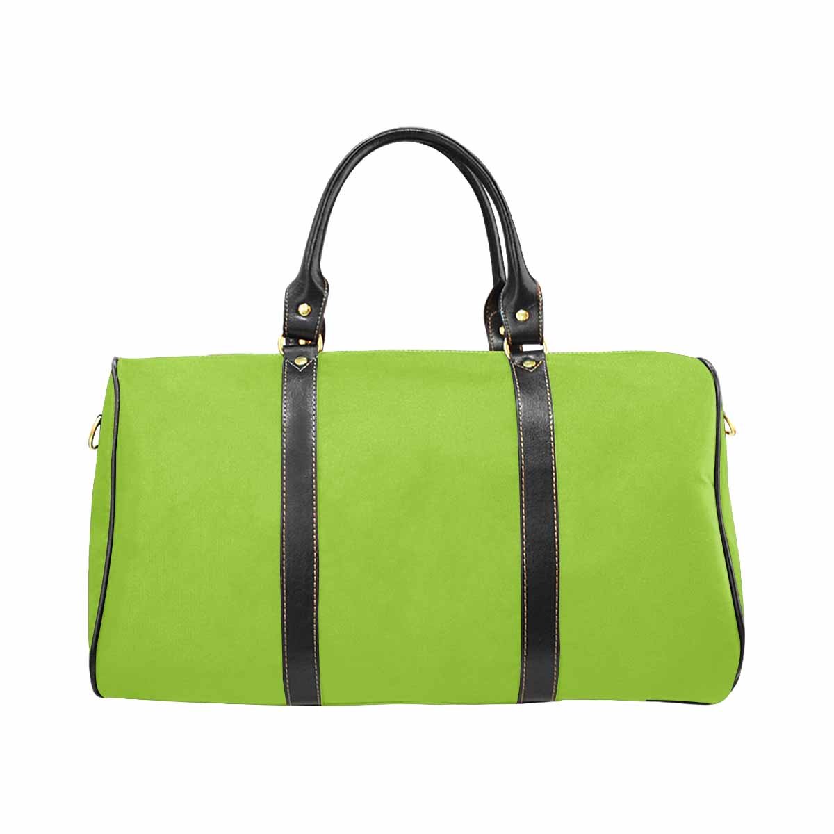 Large yellow green leather travel bag with waterproof fabric, featuring a spacious main compartment and comfortable shoulder strap.