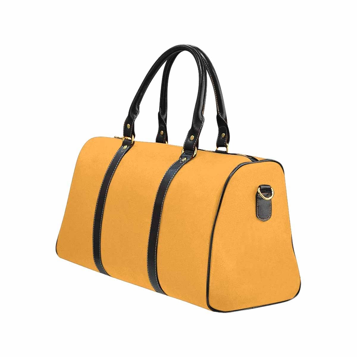 Large yellow-orange leather travel bag with sturdy straps and zipper pockets, perfect for carry-on luggage.