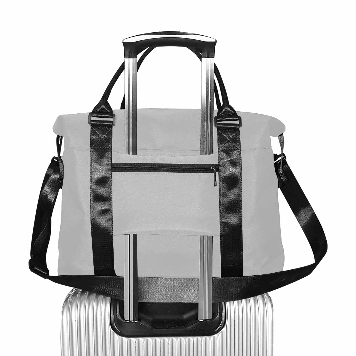 Light grey canvas travel bag with adjustable strap and metal button closure, featuring a spacious main compartment and additional pockets.