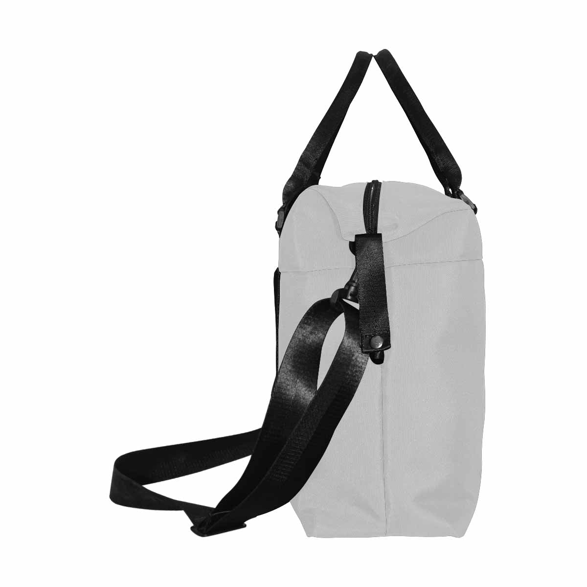 Light grey canvas travel bag with adjustable strap and metal button closure, featuring a spacious main compartment and additional pockets.