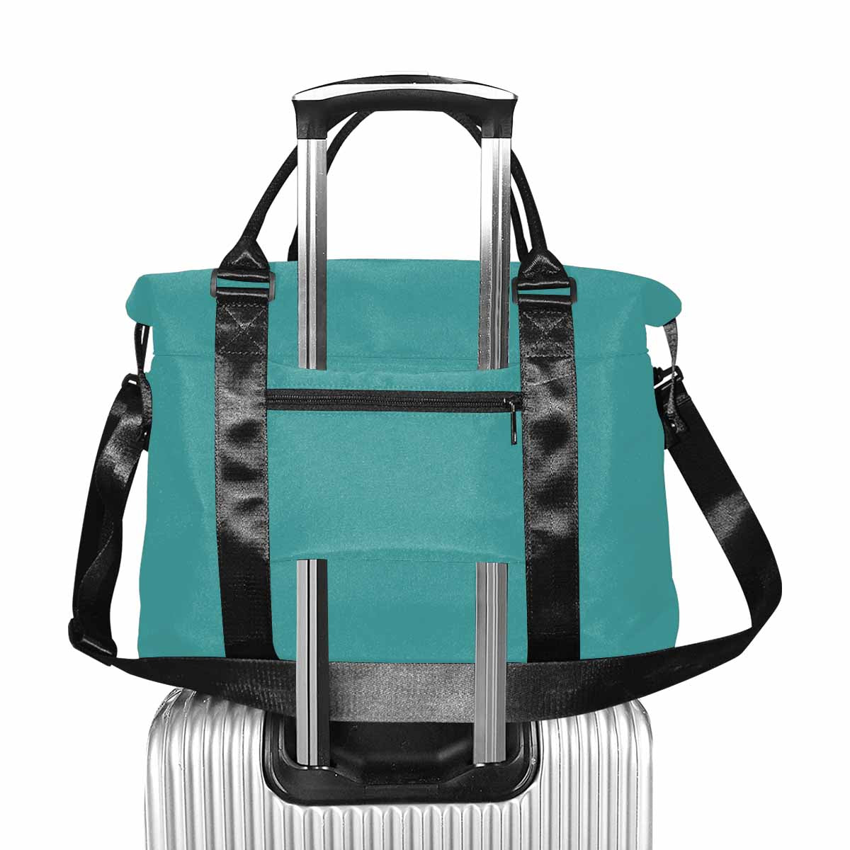 Mint blue canvas travel bag with metal button closure and adjustable strap, featuring a spacious interior and stylish design.