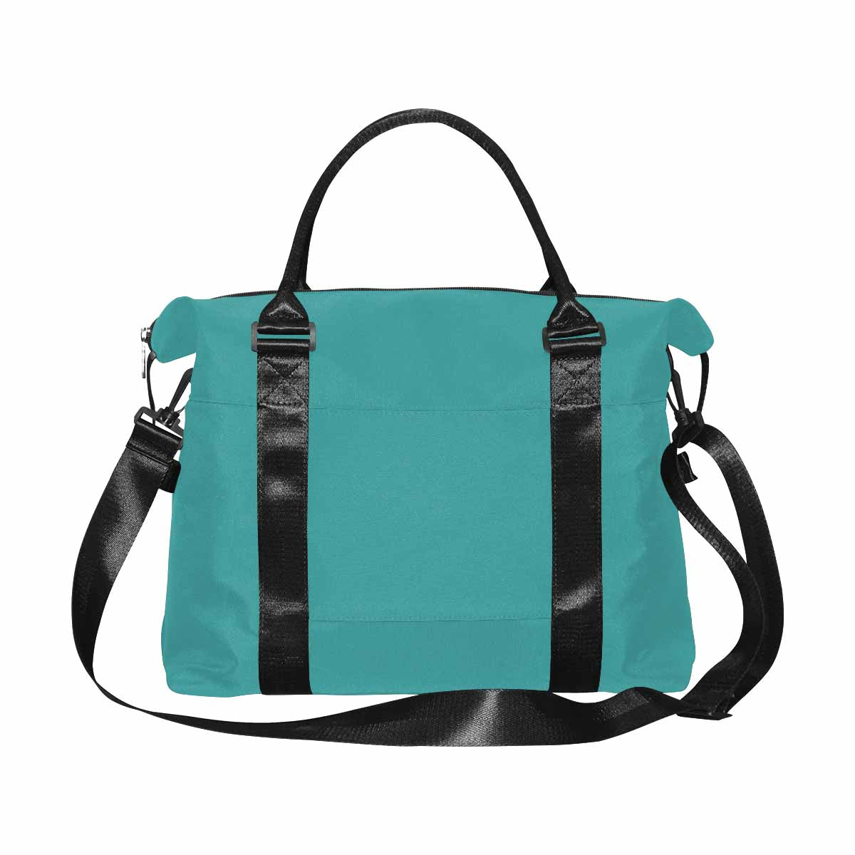 Mint blue canvas travel bag with metal button closure and adjustable strap, featuring a spacious interior and stylish design.