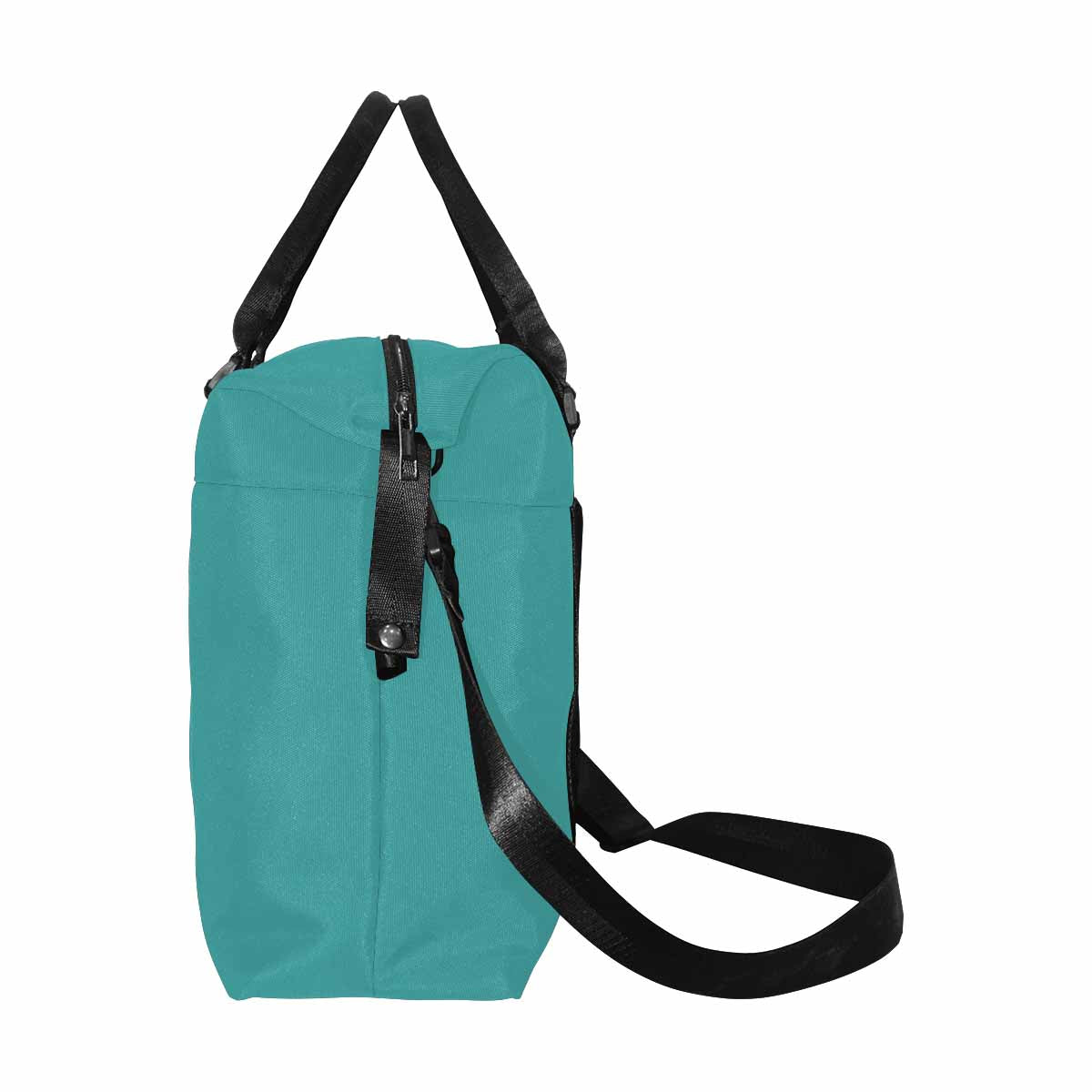 Mint blue canvas travel bag with metal button closure and adjustable strap, featuring a spacious interior and stylish design.