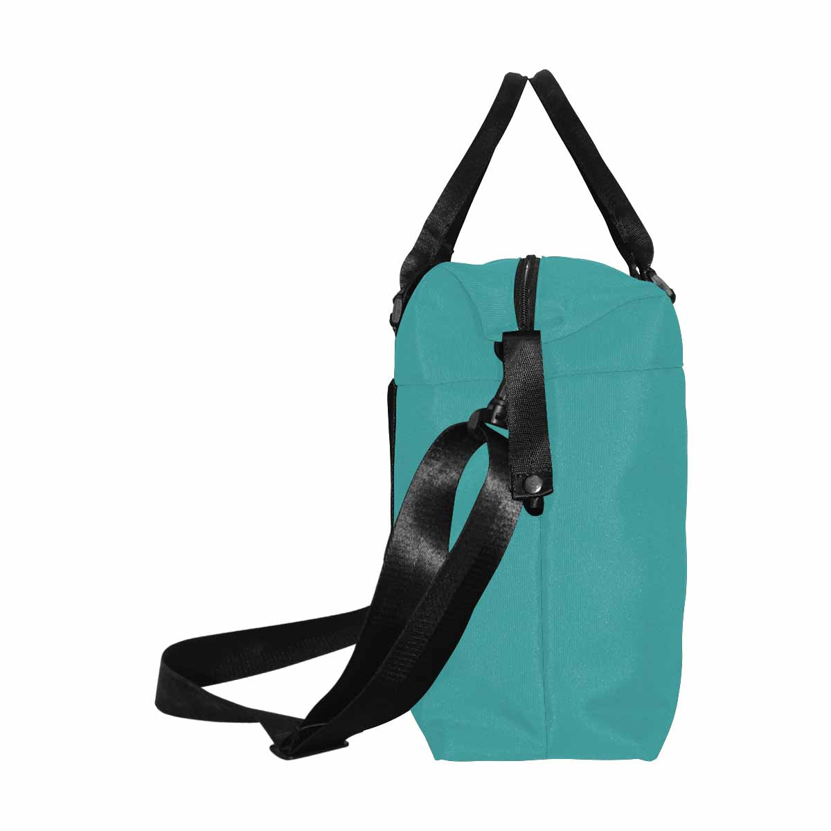 Mint blue canvas travel bag with metal button closure and adjustable strap, featuring a spacious interior and stylish design.