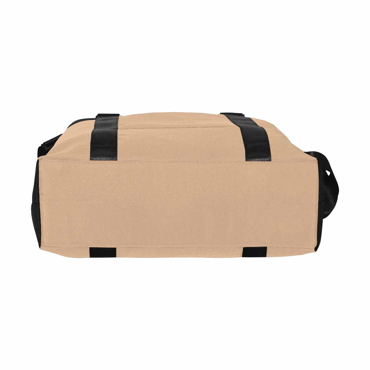 Pale brown canvas travel bag with metal button closure and adjustable strap, showcasing its spacious design and durable fabric.