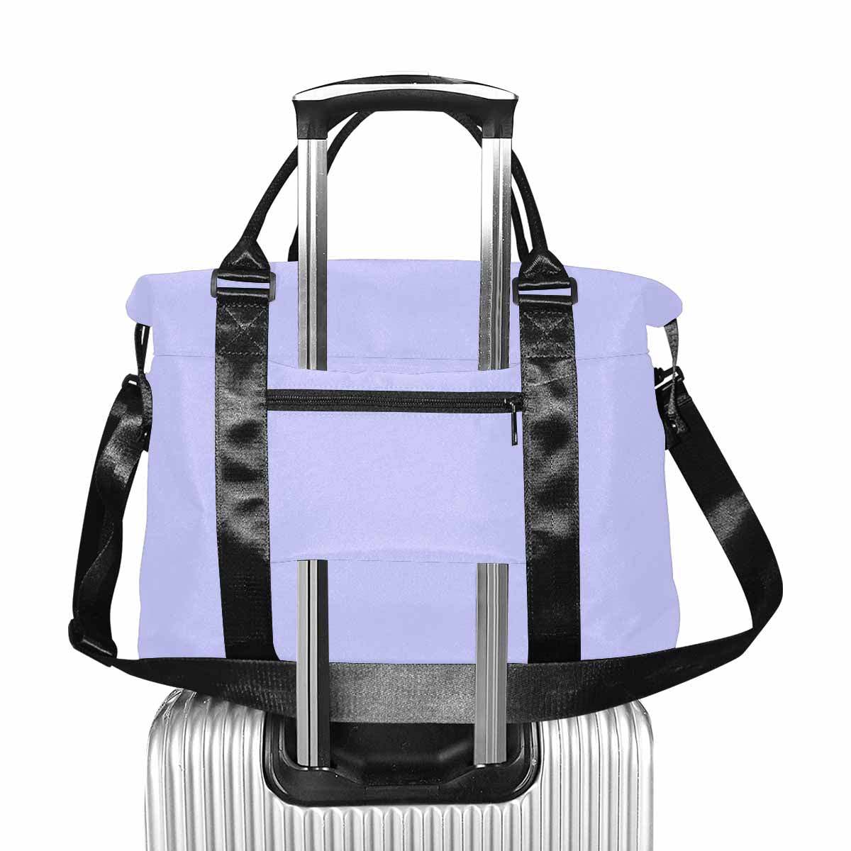 Periwinkle purple canvas travel bag with adjustable strap and metal button closure, showcasing its spacious design and durable fabric.