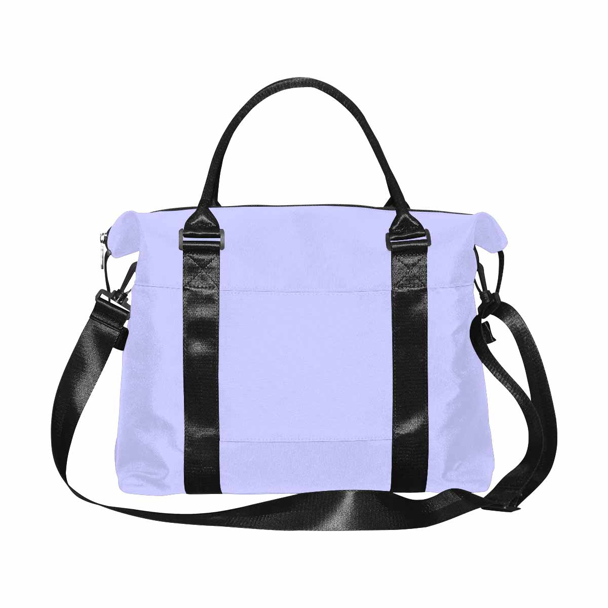 Periwinkle purple canvas travel bag with adjustable strap and metal button closure, showcasing its spacious design and durable fabric.