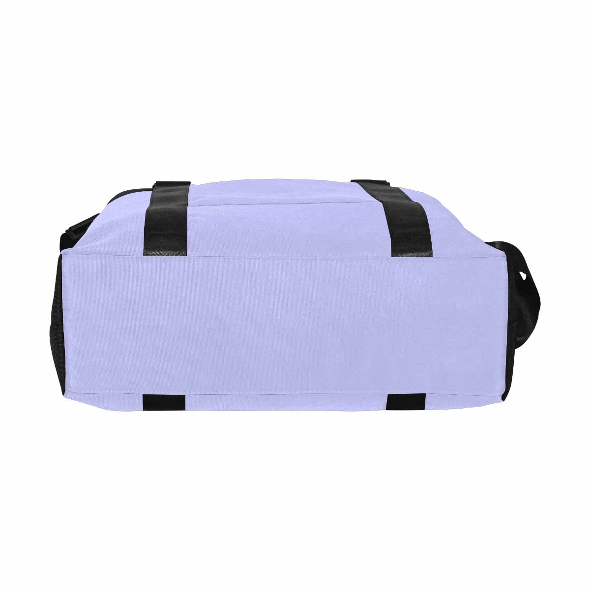 Periwinkle purple canvas travel bag with adjustable strap and metal button closure, showcasing its spacious design and durable fabric.