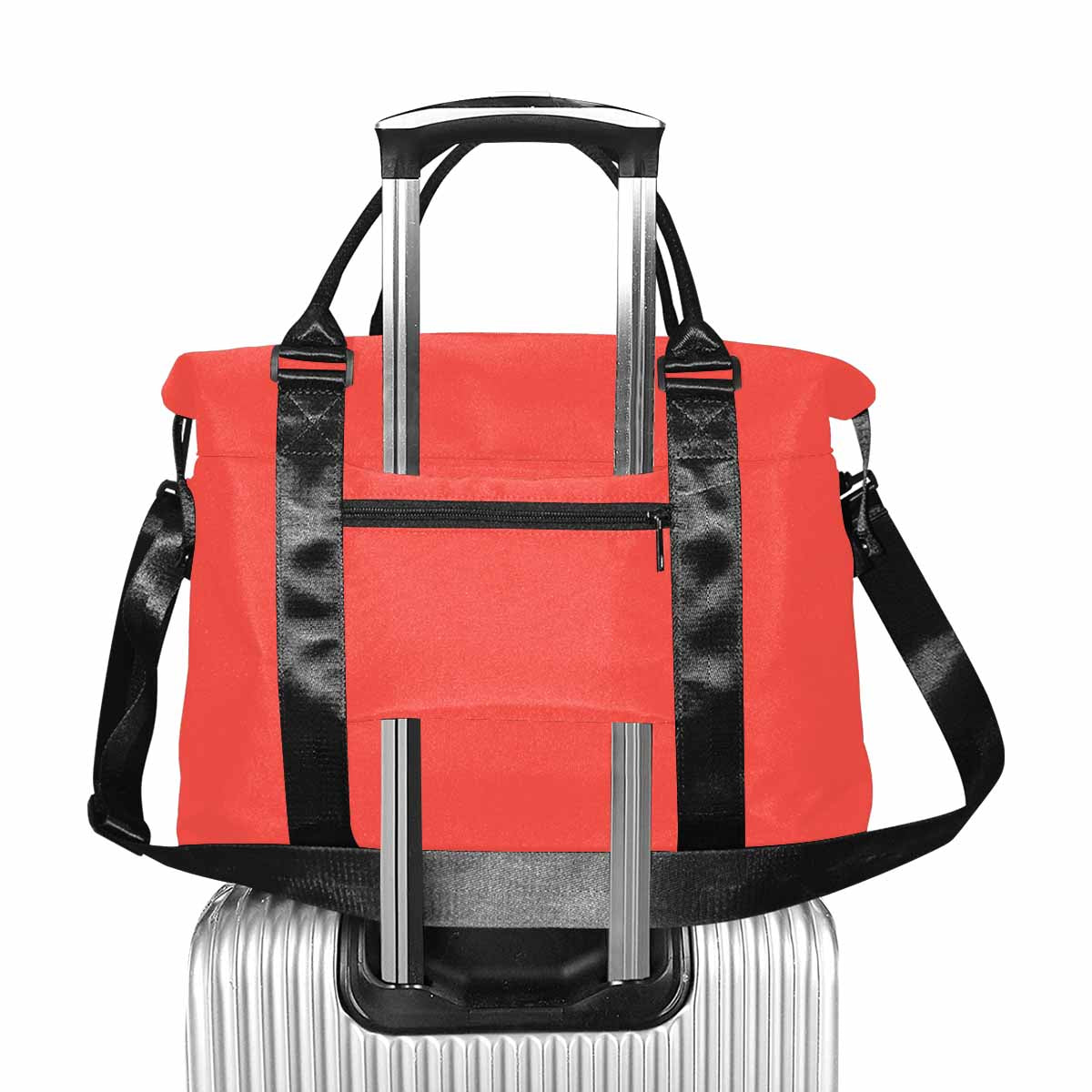 Red-orange canvas travel bag with metal button closure and adjustable strap, featuring multiple pockets for organization.