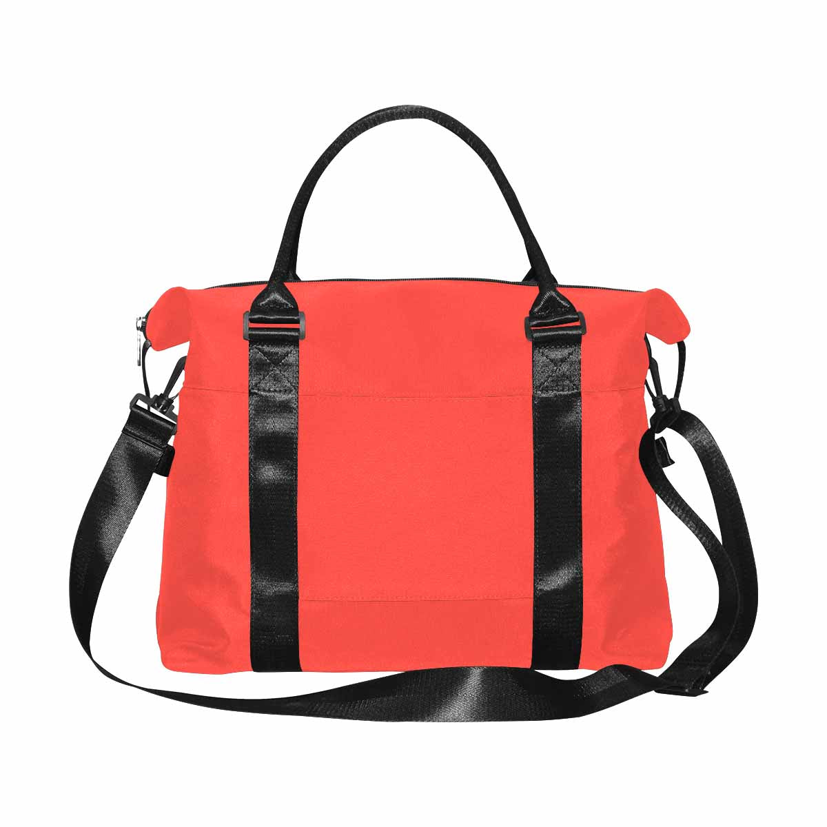 Red-orange canvas travel bag with metal button closure and adjustable strap, featuring multiple pockets for organization.