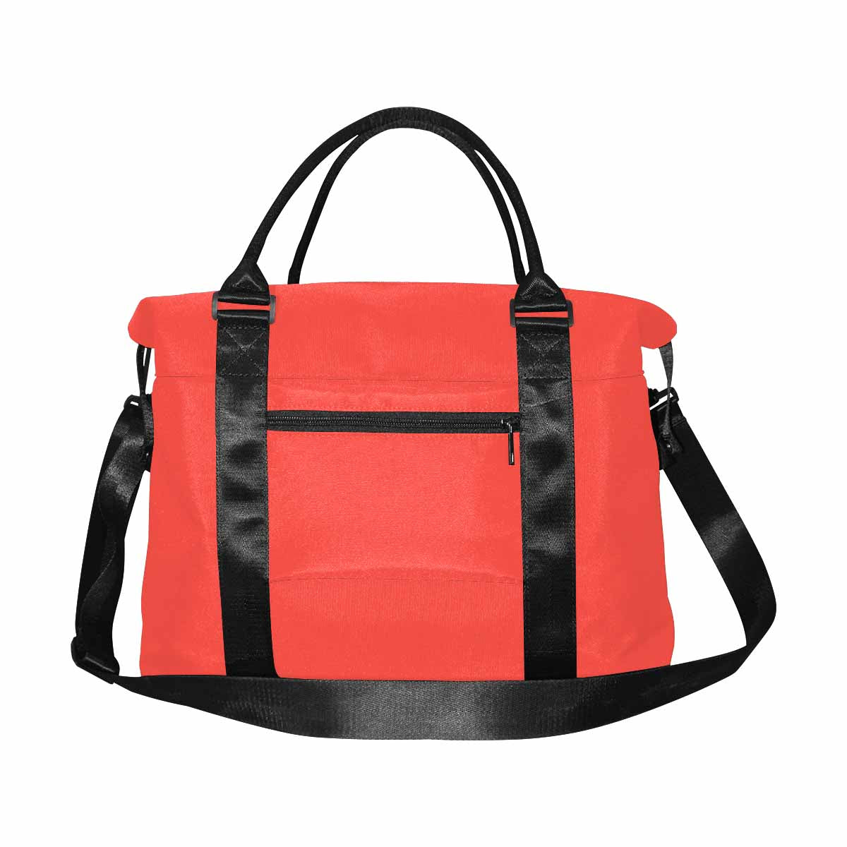 Red-orange canvas travel bag with metal button closure and adjustable strap, featuring multiple pockets for organization.