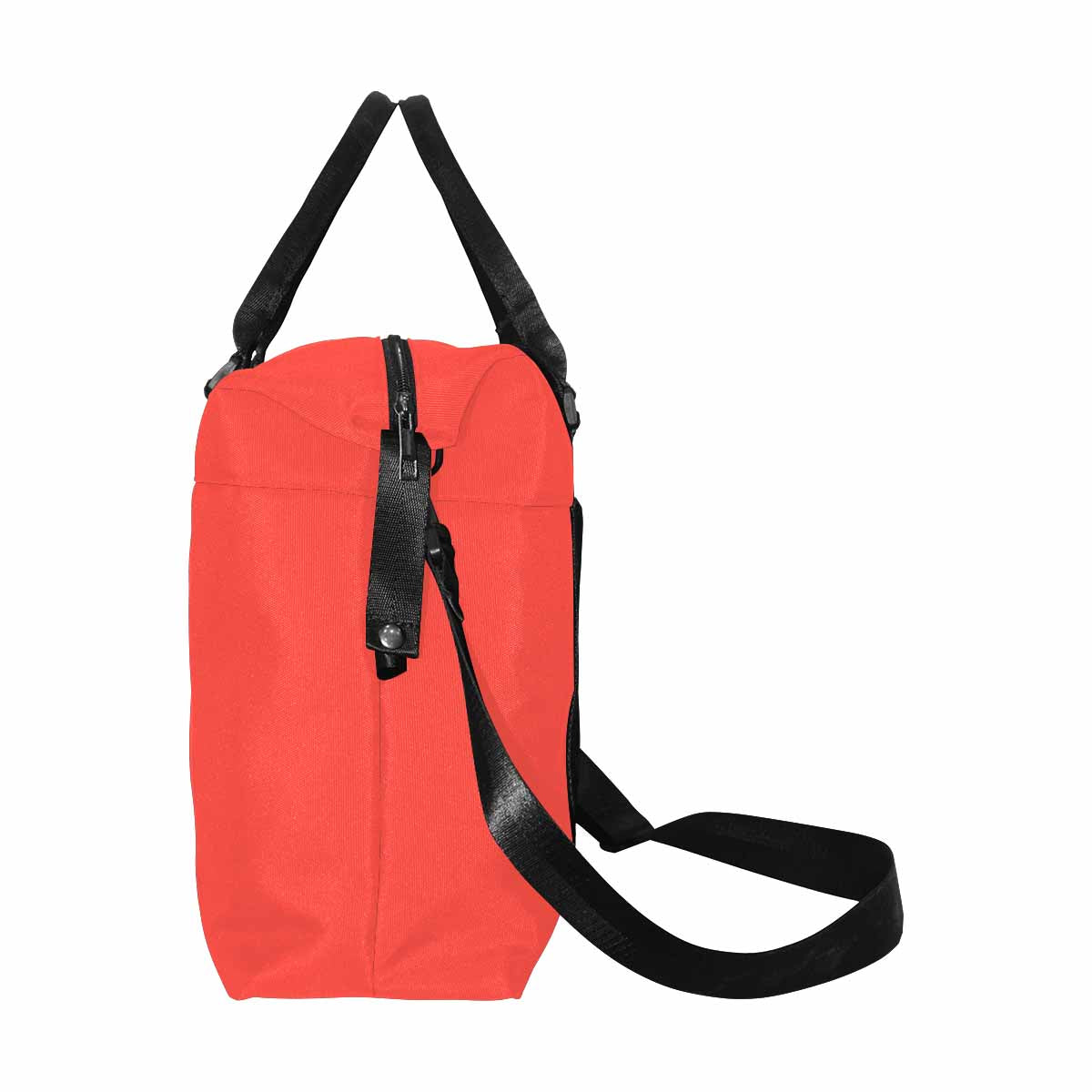 Red-orange canvas travel bag with metal button closure and adjustable strap, featuring multiple pockets for organization.