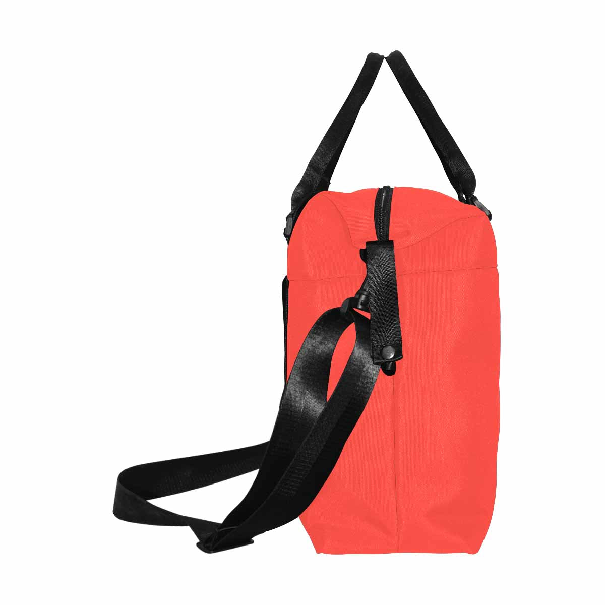 Red-orange canvas travel bag with metal button closure and adjustable strap, featuring multiple pockets for organization.