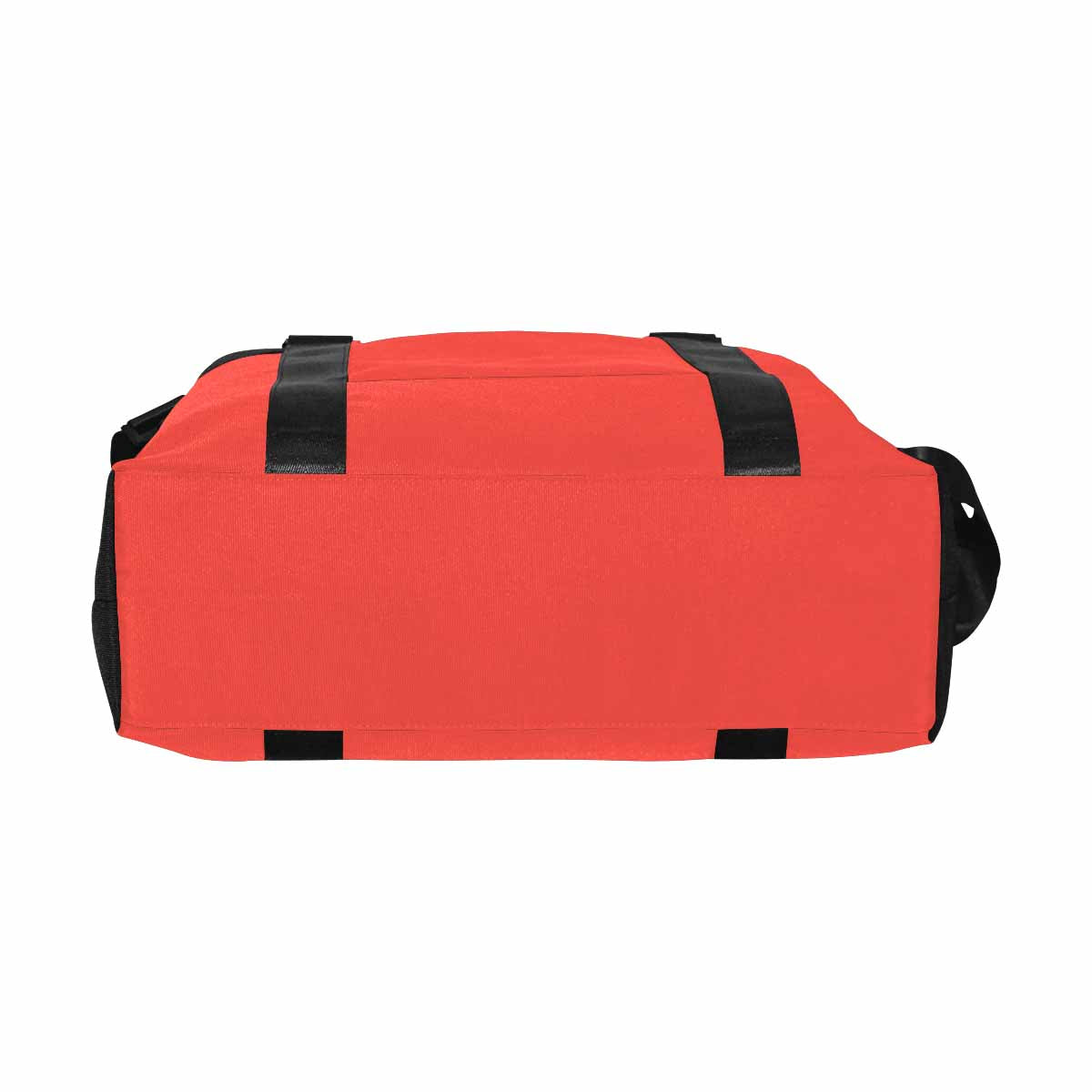 Red-orange canvas travel bag with metal button closure and adjustable strap, featuring multiple pockets for organization.