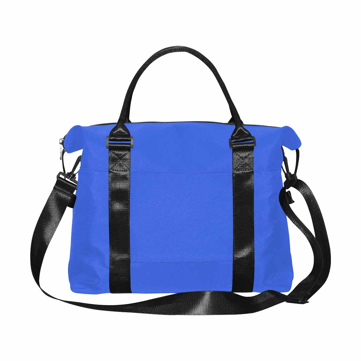 Royal Blue Canvas Travel Bag with adjustable strap and metal button closure, showcasing its spacious design and durable fabric.