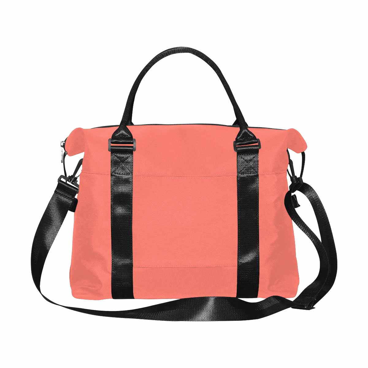 Salmon red canvas travel bag with adjustable strap and metal button closure, showcasing spacious compartments.