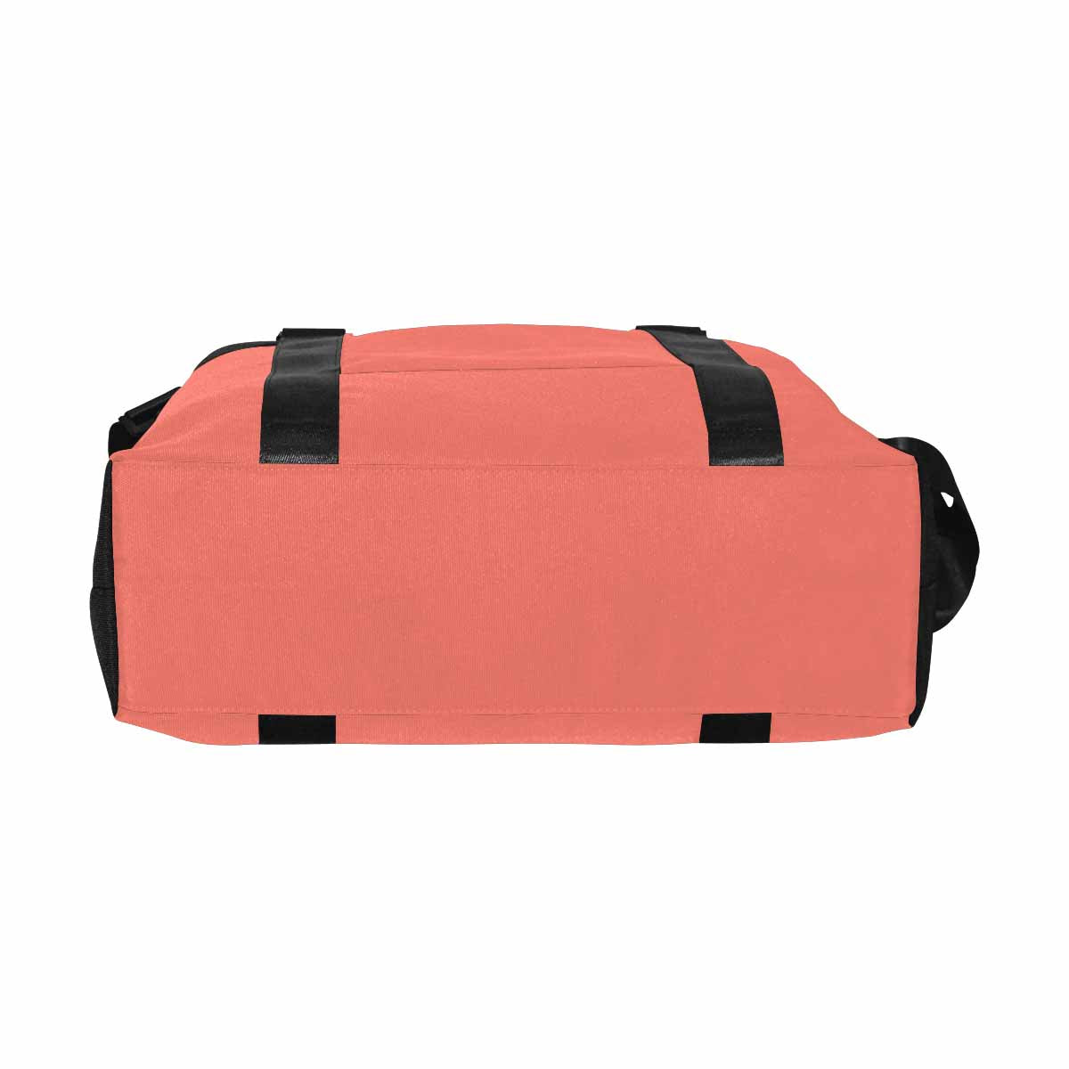 Salmon red canvas travel bag with adjustable strap and metal button closure, showcasing spacious compartments.