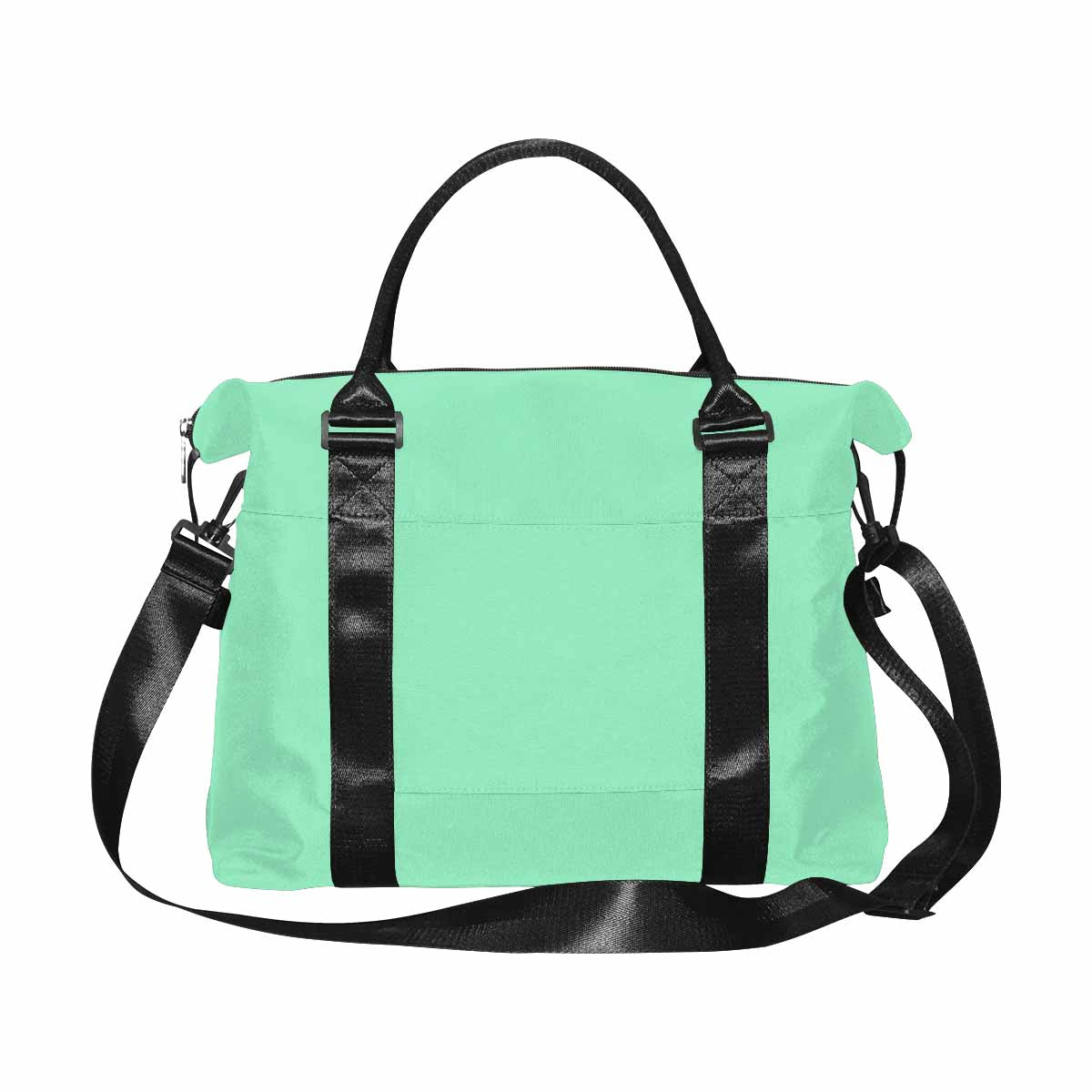 Seafoam green canvas travel bag with metal button closure and adjustable strap, showcasing spacious compartments.