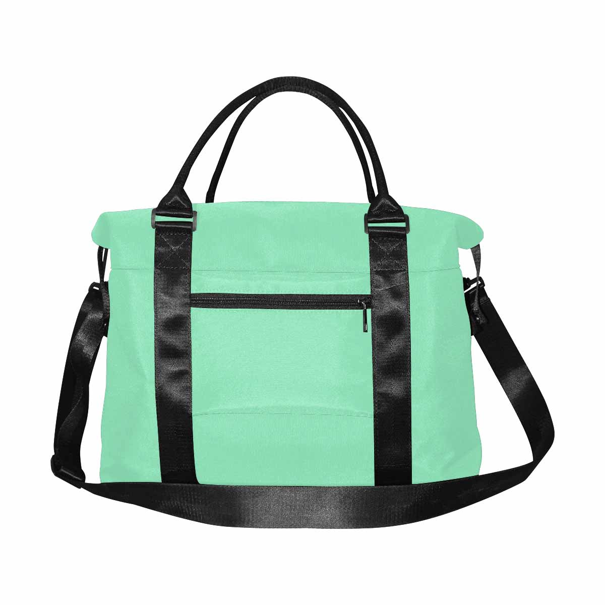 Seafoam green canvas travel bag with metal button closure and adjustable strap, showcasing spacious compartments.