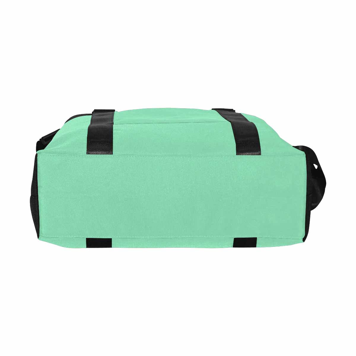 Seafoam green canvas travel bag with metal button closure and adjustable strap, showcasing spacious compartments.