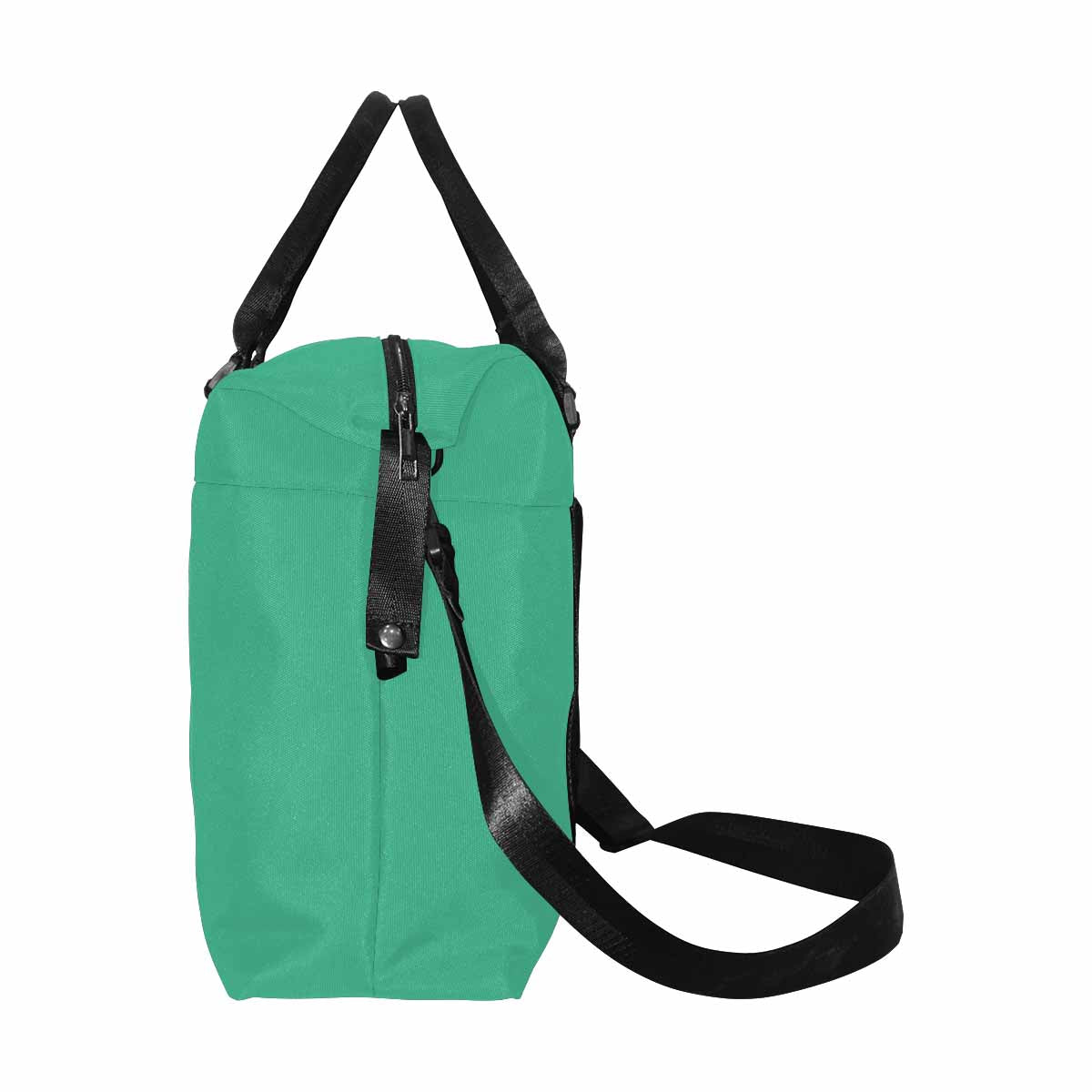 Spearmint green canvas travel bag with adjustable strap and metal button closure, showcasing its spacious design and durable fabric.